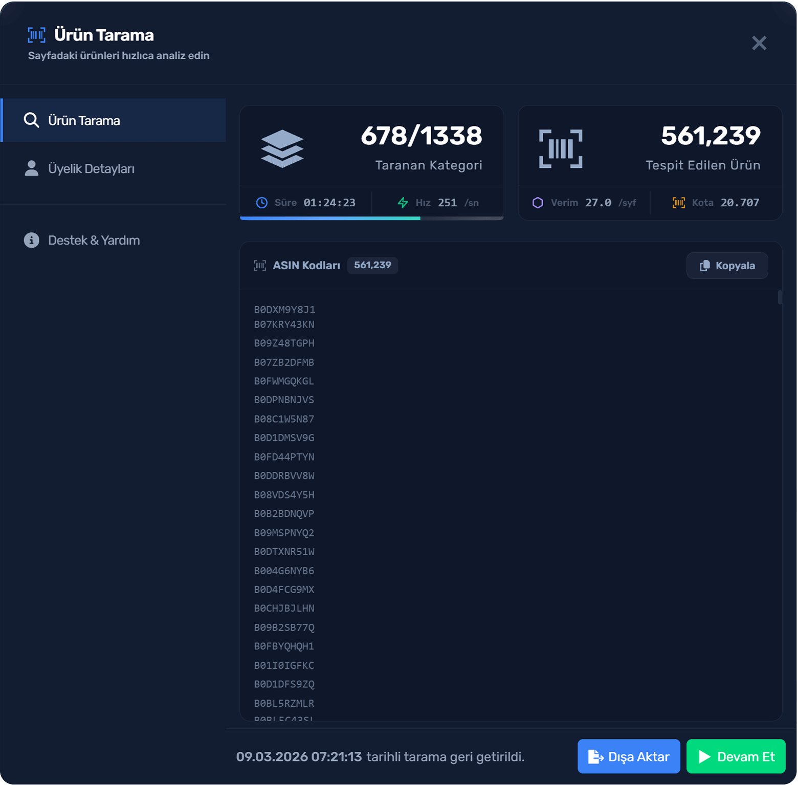 ASIN Query Ürün Tarama Sonuçları ve İstatistikler